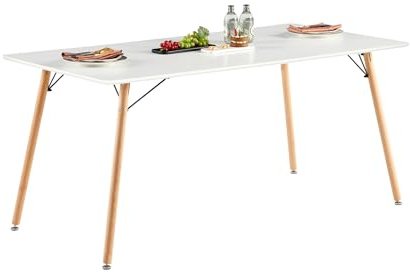 H.J WeDoo Rechteckig Esstisch Küchentisch Buchenholz für 6 Stühle Esszimmertisch Tisch mit Holzbein MDF Weiß 160 x 80 cm (Nur Tisch) | MDF-Tischplatte 1,8 cm, Buchenholzbeine, Metallverstrebungen, skandinavisches Design, pflegeleicht, bis 150 kg belastbar