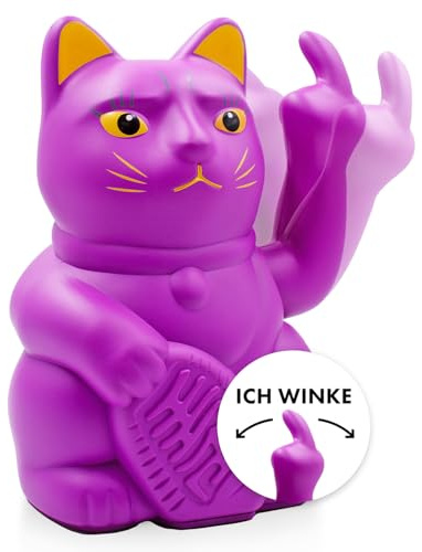 ANGRY CAT - Winkekatze Lucky CAT - Lustige winkende Katze - japanische Winkkatze mit Stinkefinger - Dekoartikel Wackelfigur Katze - Winke-Arm mit Mittelfinger - 15cm, LILA