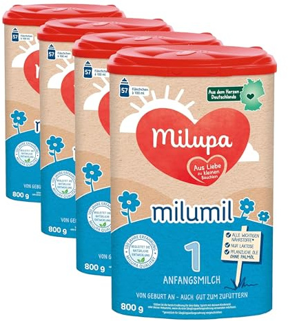 Milupa Milumil 1 – Anfangsmilch – Baby-Milchpulver – Von Geburt an – Auch zum Zufüttern – Mit wichtigen Nährstoffen und ohne Palmöl – 1 x 800 g (Packung mit 4)