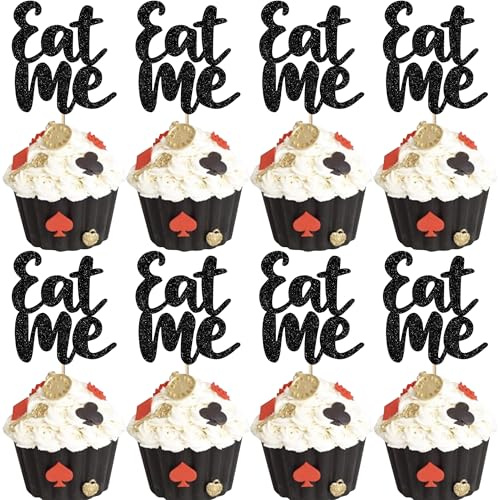 Xsstarmi 24 Packung Eat Me Cupcake Toppers Glitzer Take One Try Me Tea Party Wonderland Cupcake Picks für Kinder Geburtstag Party Kuchendekoration Schwarz
