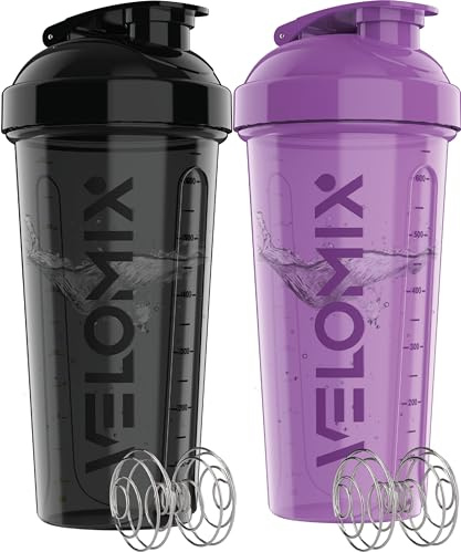 VELOMIX 2 Pack 828ml Shaker Proteinshake, Lila/Schwarz | 2x Edelstahlkugel, Auslaufsicherer Eiweiß Shaker Becher für Protein Shaker, Spülmaschinenfest, Gym und Fitness