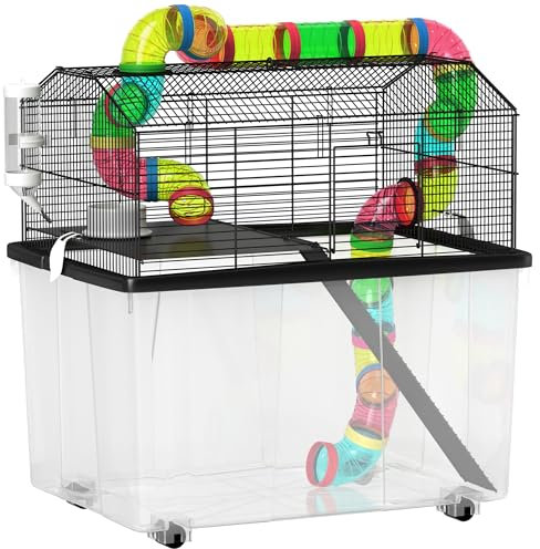 PawHut Hamster Cage, 2 Tier Gerbil Cage with 31cm Deep Tray, Tube System, Water Bottle, Ramp, Feeding Bowl, 58 x 43 x 57cm, Multicoloured