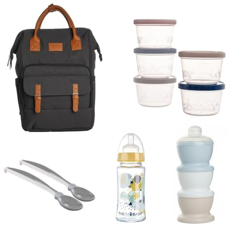 THERMOBABY - Bolsa de pañales con accesorios incluidos, mochila práctica - 5 cajas de almacenamiento - Cucharas ergonómicas - Biberón de vidrio y caja de transporte de leche - Kit completo para padres
