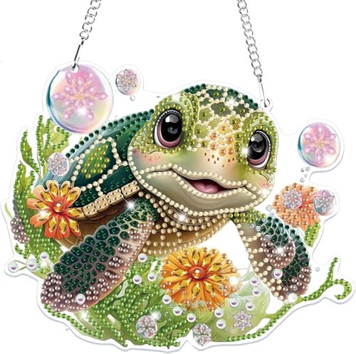 Frundoo Diamond Painting Anfänger, Diamond painting Schildkröte, Geschenk Mädchen 5 6 7 8 9 10 11 12 Years DIY 5D DiamantPainting Windspiel mit Kette, für Fenster Wand und Eingang Decor