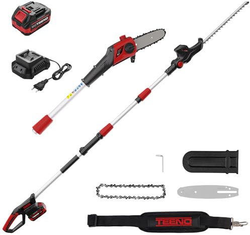 TEENO 2-in-1 Heckenschere und Motorsäge,Neigbarer Kopf,Mit 20V 4000mAh-Akku,Inklusive Verstellbarer Teleskopstange und Bequemen Schultergurt，Akku Multifunktionswerkzeug