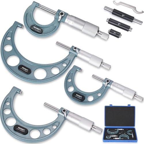 REXBETI 4Pcs Outside Micrometer Set, 0-4 Machinist Micrometer, Ultra-Precision Carbide Tipped Measuring Tool Set, 0.001 Graduation, +/-0.0001 Accuracy, Protective Case