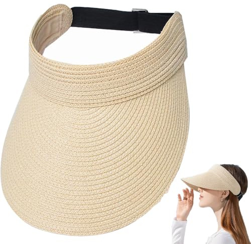Ritte Dam sommar solhatt visir, vikbar packbar halm solhatt med visir, Beige, one size