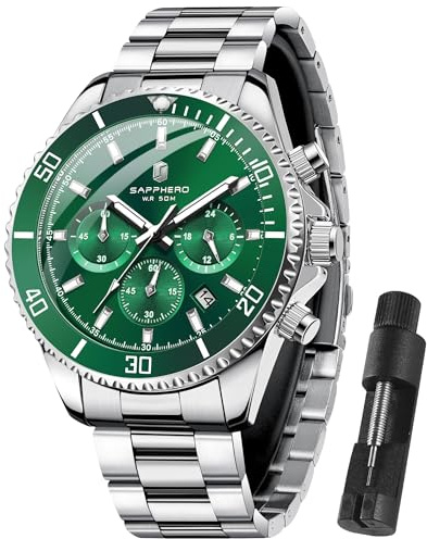SAPPHERO Montre Homme en Acier Inoxydable Chronographe 50M Etanche Montres Analogique Quartz Date Classique Luxe Mode Montres Cadeau Élégant pour Hommes