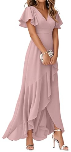 Minetom Robe De Soirée pour Mariage Invité Longue Femme Col V Mousseline A Line Manches Courtes Plissé Fendue Fluide