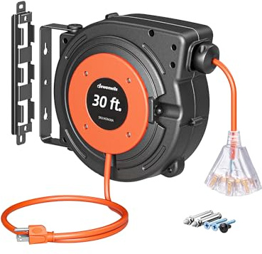 DEWENWILS 30FT Retractable Extension Cord Reel, 16/3C SJTW Heavy Duty Power Cord, Lighted Triple Outlets, 10A Circuit Breaker, Lightweight 180° Swivel Bracket, Ceiling/Wall Mount, ETL Listed, Orange