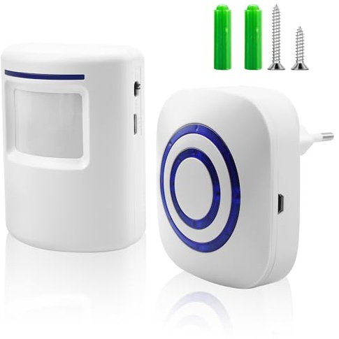 WIYETY Détecteur de passage sans fil pour porte : Sonnette de charge sans fil avec 38 sonneries, 1 détecteur de mouvement et 1 récepteur pour magasin, camping-car, maison ou garage