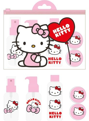 Set cuidado personal viaje Hello Kitty | Kit de botellas reutilizables con stickers y bolsa transparente | Accesorios de viaje kawaii para niñas