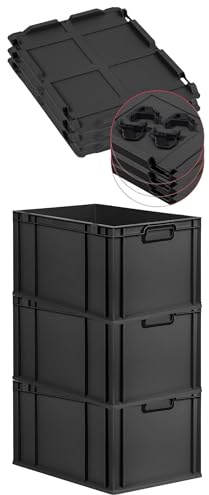 PROREGAL SuperSparSet 3x Eurobox NextGen Color mit Auflagedeckel und Schiebeschnappverschlüsse, HxBxT 32x40x60cm, 65L, Schwarz, Griffe schwarz zu, Eurobehälter, Transportbox, Transportbehälter