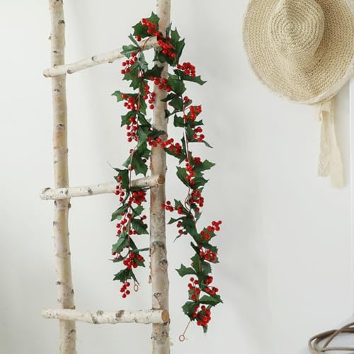ZiStarlilife Guirnalda de acebo artificial de Navidad de 175 cm, vid de hiedra con bayas rojas, hojas verdes para decoración de bodas, fiestas, hogar, jardín (Nº 76)