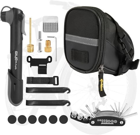 GreenWhim Bike Saddle Bag with Repair Tool Kit Multi Tool Puncture Repair Set with Tyre Levers Glueless Patch Pads and Valve Adapters Waterproof Bicycle Storage Bag for Road and Mountain Bikes