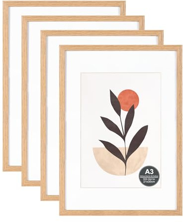 A3 Picture Frame with A4 Mount, Natural Wood Photo Frames with Perspex | Wall Hanging in Living Room, Bedroom, Office, Gallery, Set of 4