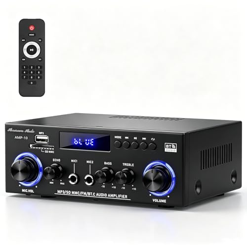 AMP-10 Amplificateur Bluetooth RMS 50WX2 récepteur stéréo pour enceintes domestiques 2.0 canaux puissance sortie max 600 W, mini-amplificateur puissance avec radio FM, fonction Echo, micro et port USB