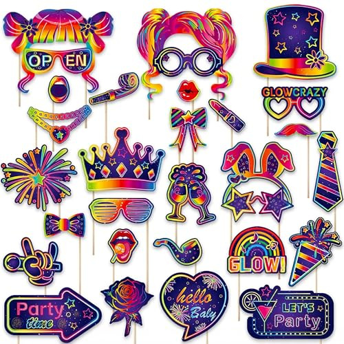 Fluoreszierendes Photo Booth Requisiten Set 30PCS Fotobox Accessoires | Foto Requisiten Für Party Gadgets Geburtstag Hochzeit Karneval Disco Themenfeier Event Dekoration Und Spaßige Fotoaufnahmen.