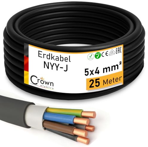 NYY-J 5x4mm² Erdkabel 25m - Elektrokabel Ring für Verlegung im Erdreich & Außenbereich | Kupfer Volldraht | DIN VDE 0276 Teil 603/627 | Deutsche Markenhersteller