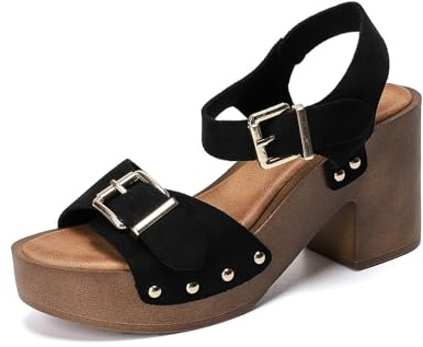 Kvinnors mocka plattform bastant häl retro sandaler med justerbart spänne mode ett bälte plattform blockklackar öppen tå bröllopsklänning dubbade sandaler mjuka promenadsandaler för kvinnor, Svart, 4