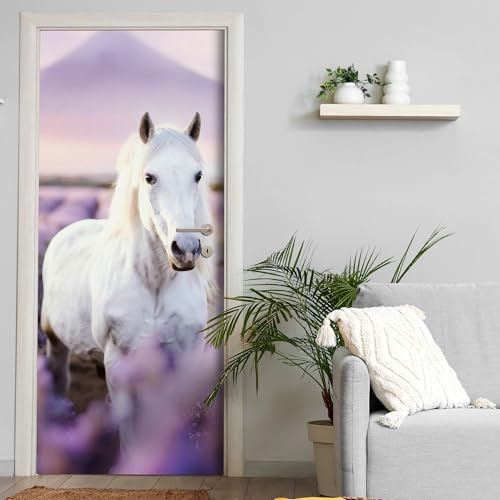 Türtapete selbstklebend blasenfrei | 200 x 90 cm Weißes Pferd, Lavendel | Tür Aufkleber Türfolie | Einteilig | Wasserfest 3D Türaufkleber Klebefolie Türposter Möbelfolie