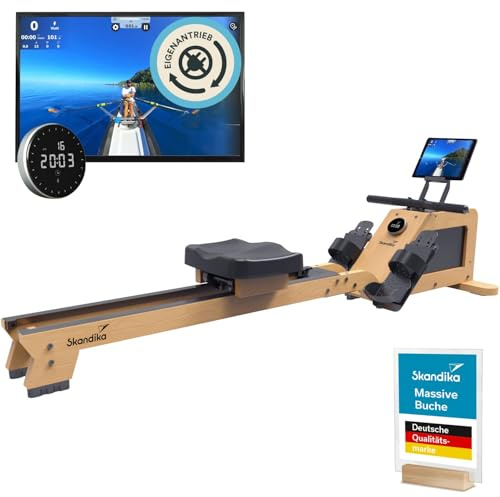 Skandika Roddmaskin för hemmet Torin P6-G | roddutrustning, styrketräning, med egen drift, ram av äkta trä, magnetbroms 32 steg, Bluetooth & Kinomap-appkompatibel, stativfunktion, upp till 150 kg