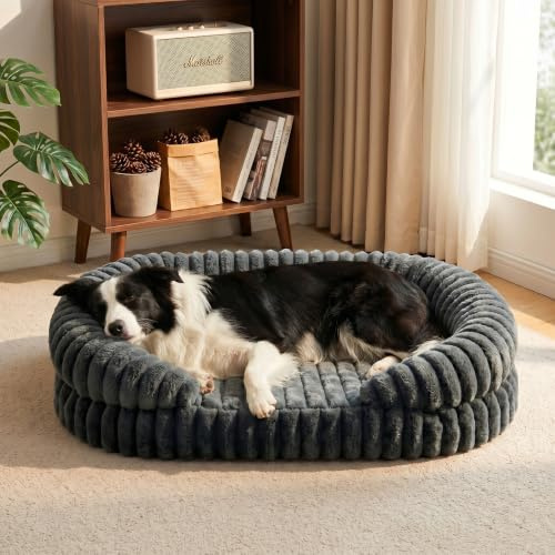 Woiil Large Dog Bed Orthopedic Memory Foam Dog Bed with Removable Cover | Washable, Waterproof Lining, U-Shape Bolster, Anti-Slip Bottom, Faux Fur, 89x64x17cm, Grey