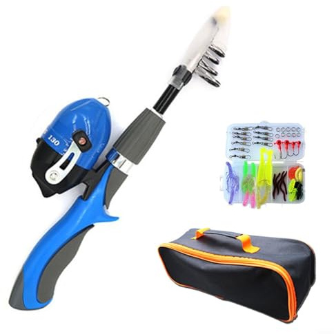 Canna da pesca a mosca retrattile e mulinello per bambini, kit combinato per bambini, asta da viaggio portatile con esche e borsa per riporre sport all'aria aperta genitore-figlio, blu
