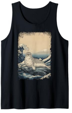 Kawaii Harbor Seal Ocean Waves Japanese Landscape Tank Top