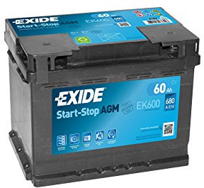 Car Battery EK600 12AV 60AH AGM Exide Start Stop,black,Large
