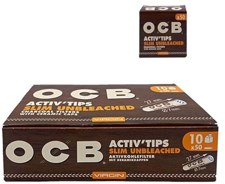 OCB Activ'Tips Unbleached Slim, 7 mm, 10 Packungen x 50 Stück | ungebleichte Aktivkohlefilter mit Keramikkappen, Slim Aktivkohlefilter zum Eindrehen