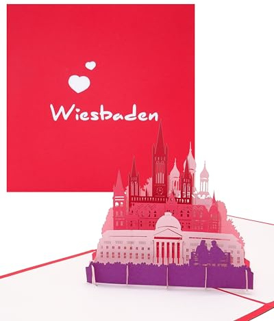 Pop Up Karte „Wiesbaden - Panorama mit hessischem Kurhaus, Rathaus, Marktkirche & russisch-orthodoxer Kirche - 3D Grußkarte als Souvenir, Geschenk, Einladungskarte zum Städtetrip