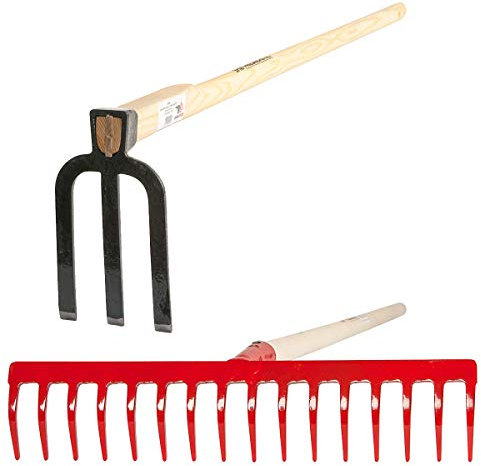 SHW-FIRE mit Rechen und Hacke optimale Gartenpflege - 16 Zinken und Dreizahn 150cm und 135 cm