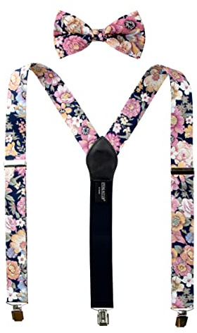 Herren Hosenträger und Fliege aus Baumwolle mit Blumenmuster für Trauzeugen, Hochzeitsfeiern, 52 Quarz, 48 Inch