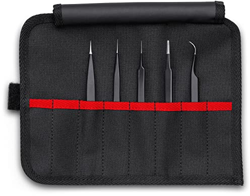 Knipex Tools 92 00 01 ESD Pinzetten-Set aus Edelstahl, in Werkzeugrolle, Schwarz, 5-teilig