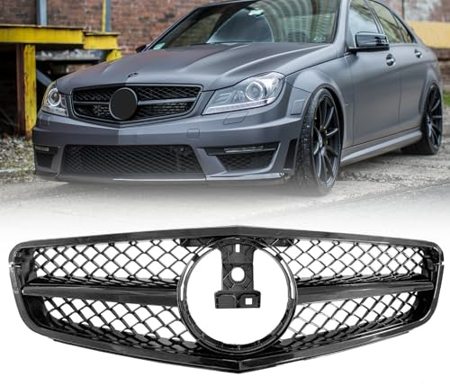 DIBON AUTO W204 Kühlergrill, passend für Mercedes-Benz W204 C-Klasse C250, C300, C350 2008–2014 (AMG-Stil, glänzend schwarz)