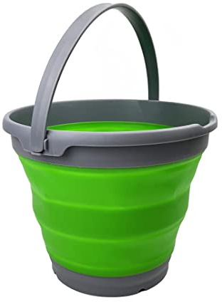 SAMMART 10L zusammenklappbarer Kunststoffeimer – Faltbare runde Wanne – tragbarer Wassereimer zum Angeln – platzsparender Wassertopf für den Außenbereich. Größe 31 cm Durchmesser (Grau/Bambusgrün)
