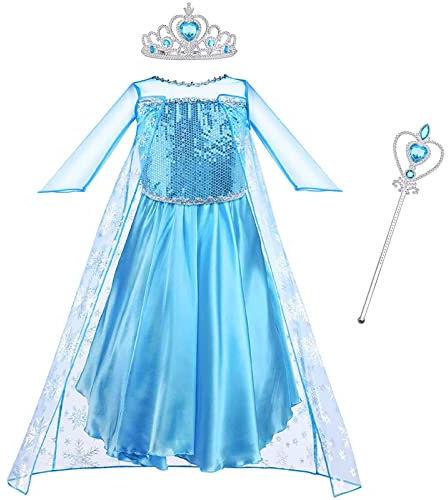 Vicloon elsa kleid, elsa kostüm mädchen mit Diademe & Zauberstab, mädchen kostümWeihnachten Halloween Verkleidung Fasching Karneval Cosplay Geburtstag Partykleid