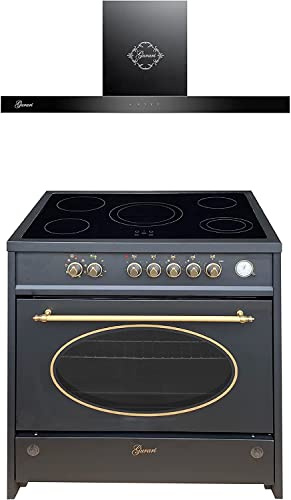 GURARI Set cuisinière GCH E 912 BL r + GCH F 462 BL 9 Prime Retro sur pied 90 cm Range Coocker 121 L Noir + Hotte aspirante 90 cm Noir Conduit / Recirculation, Panneau plat Hotte