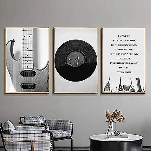 HTWLMM Leinwand Bilder Vinyl Schallplatten Schwarz Weiß Vintage Musik Gitarre Malerei Poster Kunstdruck für Wohnzimmer Schlafzimmer Wandbilder Deko Rahmenlos (3X30X50CM)