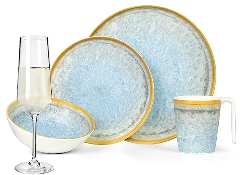 Vajilla de melamina para camping, 4 personas, color azul cristal + 4 vasos de champán Milano