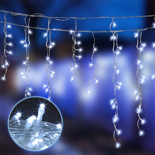 Jopassy Eisregen Lichterkette Außen Lichtervorhang Eiszapfen mit 8 Modi Memory IP44 Wasserdicht Strombetrieben Niederspannung sicher Lichterkette, 5m 200 LED, Kaltweiß