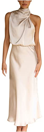 Saxrel Abito estivo da donna in raso con scollo rotondo senza maniche, maxi abito in seta di ghiaccio tinta unita gonna lunga prendisole abito casual vacanze spiaggia abiti vocazione slim signore midi