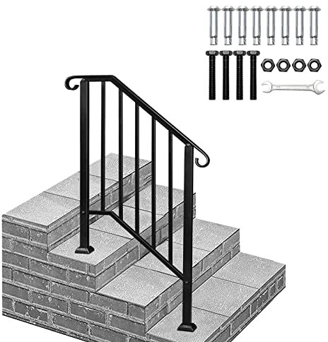 Outdoor Handrails for Stairs - Durable Wrought Iron Railings Handrails for Outdoor Steps, Black Hand Rails Stairs for Garden Exterior Staircases, Easy Install Safety Staircase Handrails (2 to 3 Steps)