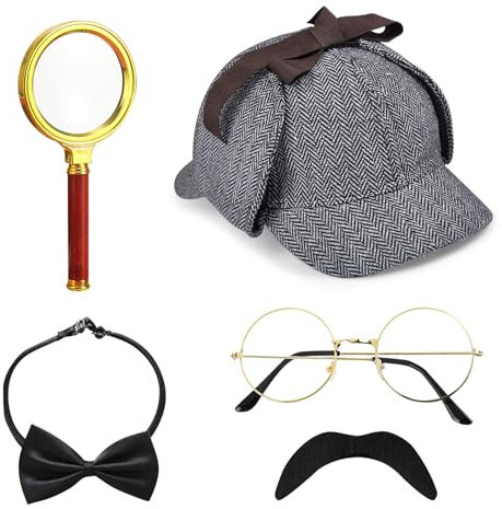 HEAWAA 5 St Sherlock Holmes Kostym med Detektivhatt, Falsk Mustasch, Glasögon och Förstoringsglas för Cosplay