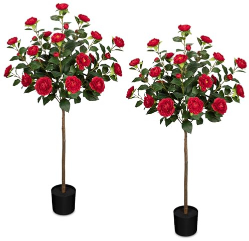 Arborus 2er Set Künstlicher Kamelienbaum Kunstbaum 120 cm Groß Kunstpflanze | Kunstpflanzen im Topf wie Echt Künstlicher Baum im Topf Dekobaum Groß Indoor Wohnzimemr Schlafzimmer Boden Garten Balkon Deko
