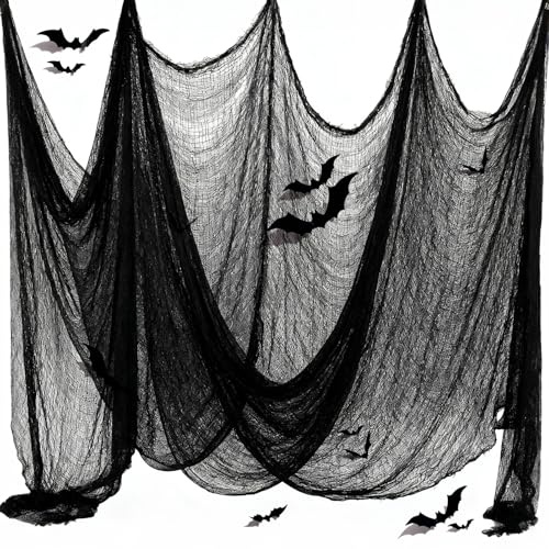 VOPIWOZ 500 x 215CM Halloween Deko Schwarzer Gaze Stoff Set, Halloween Netz mit 12 3D Fledermaus Deko, Horror Party Deko, Spinnennetz deko für Outdoor Innen, Tischdeko