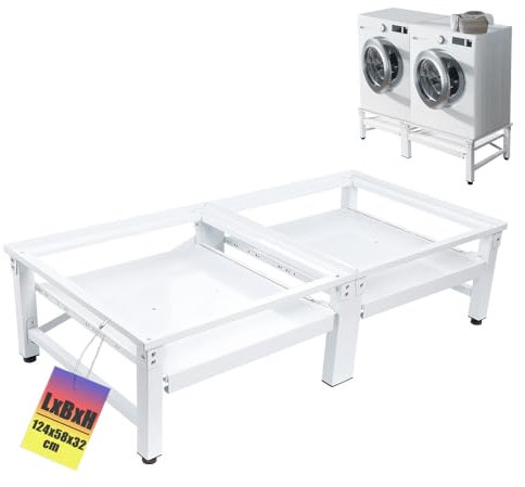 Stabiler Doppel Untergestell für Waschmaschine und Trockner inkl. 2 Ausziehablagen | 2-Fach | 2x 150kg | Doppel Sockel Podest Unterbau Erhöhung Gestell aus Stahl, 32cm Hohe, Weiß