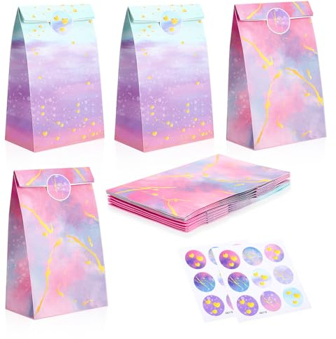Partideal 12 Regenbogen Papiertüten mit Aufklebern | Kraftpapier 22×12×8cm, 18 Siegelaufkleber, buntes Batikdesign, für Geburtstage, Weihnachten & Geschenkverpackung