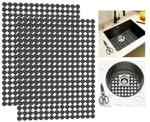 2 Stück Spülbeckenmatte mit Schere, PVC Zuschneidbar Spülbeckeneinlage, Abtropfmatte Spüle, Geschirr Abtropfmatte, Keramik/Edelstahl Spülbecken Schutzmatte, Küche Zubehör, 30 x 40cm (Helles Schwarz)